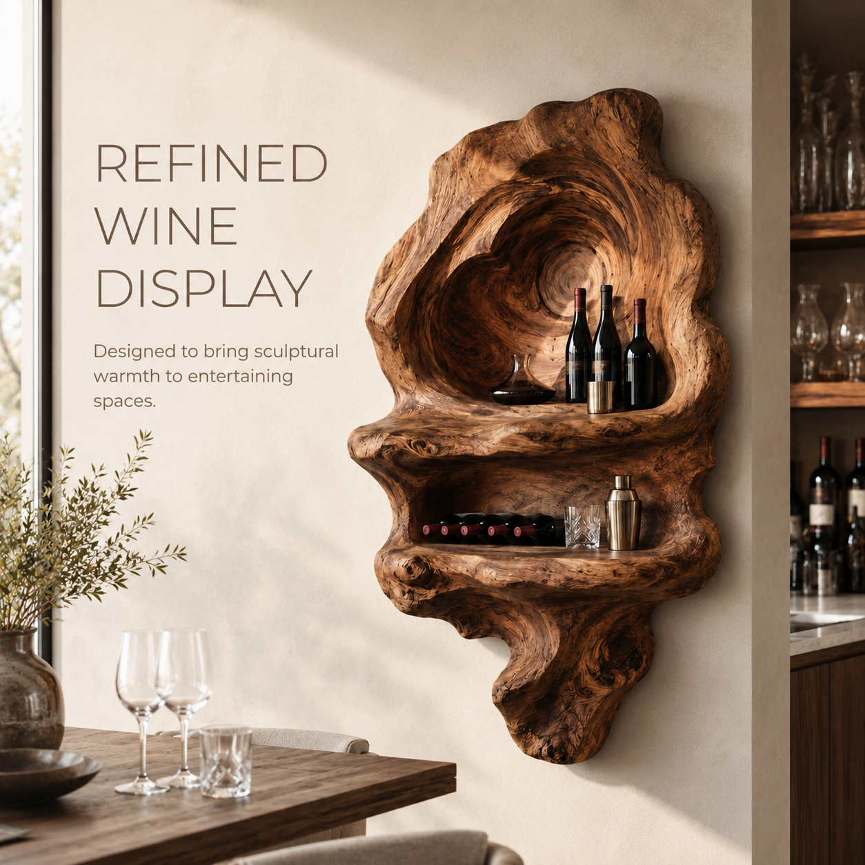 Solid Wood Wall Wine Rack with Glass Holder - Carved Halo - product image 07