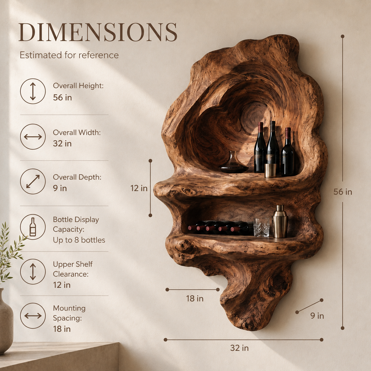 Solid Wood Wall Wine Rack with Glass Holder - Carved Halo - product image 08