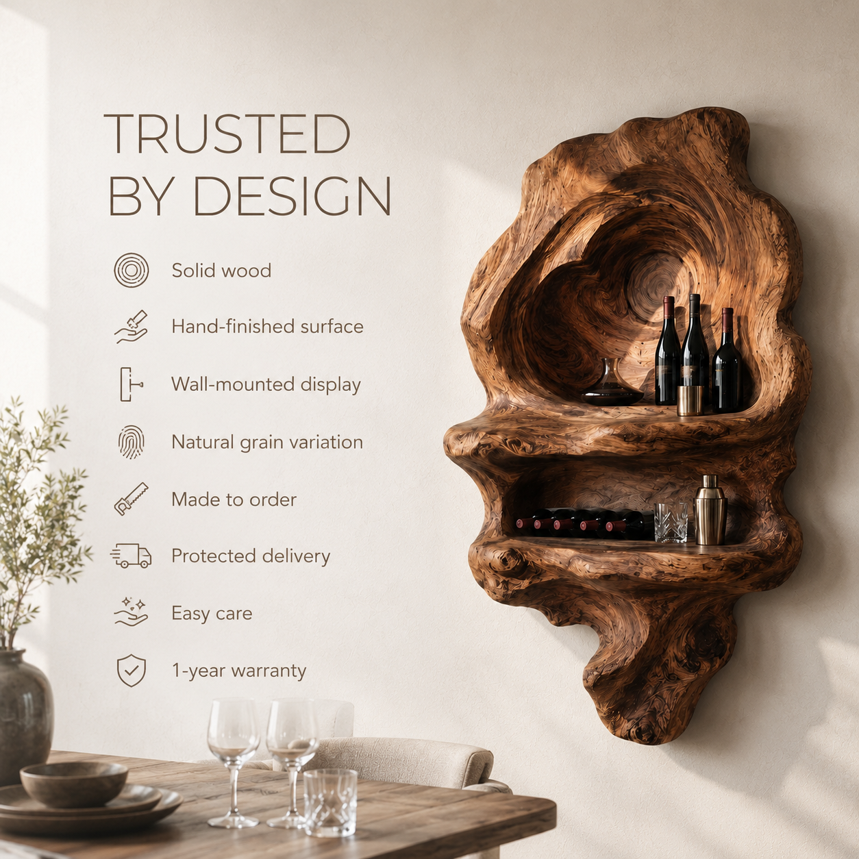 Solid Wood Wall Wine Rack with Glass Holder - Carved Halo - product image 09