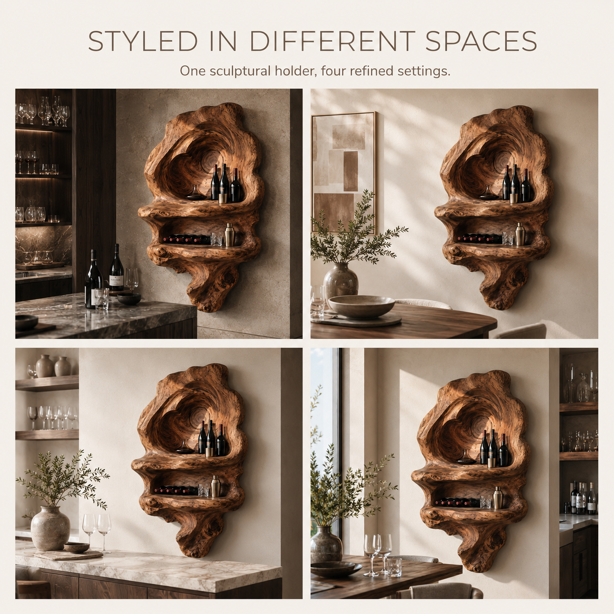 Solid Wood Wall Wine Rack with Glass Holder - Carved Halo - product image 10