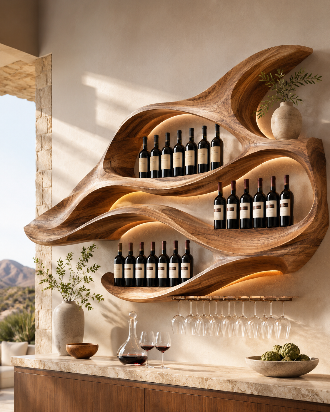 Solid Wood Wall Wine Rack with Glass Holder - Root Form - main view