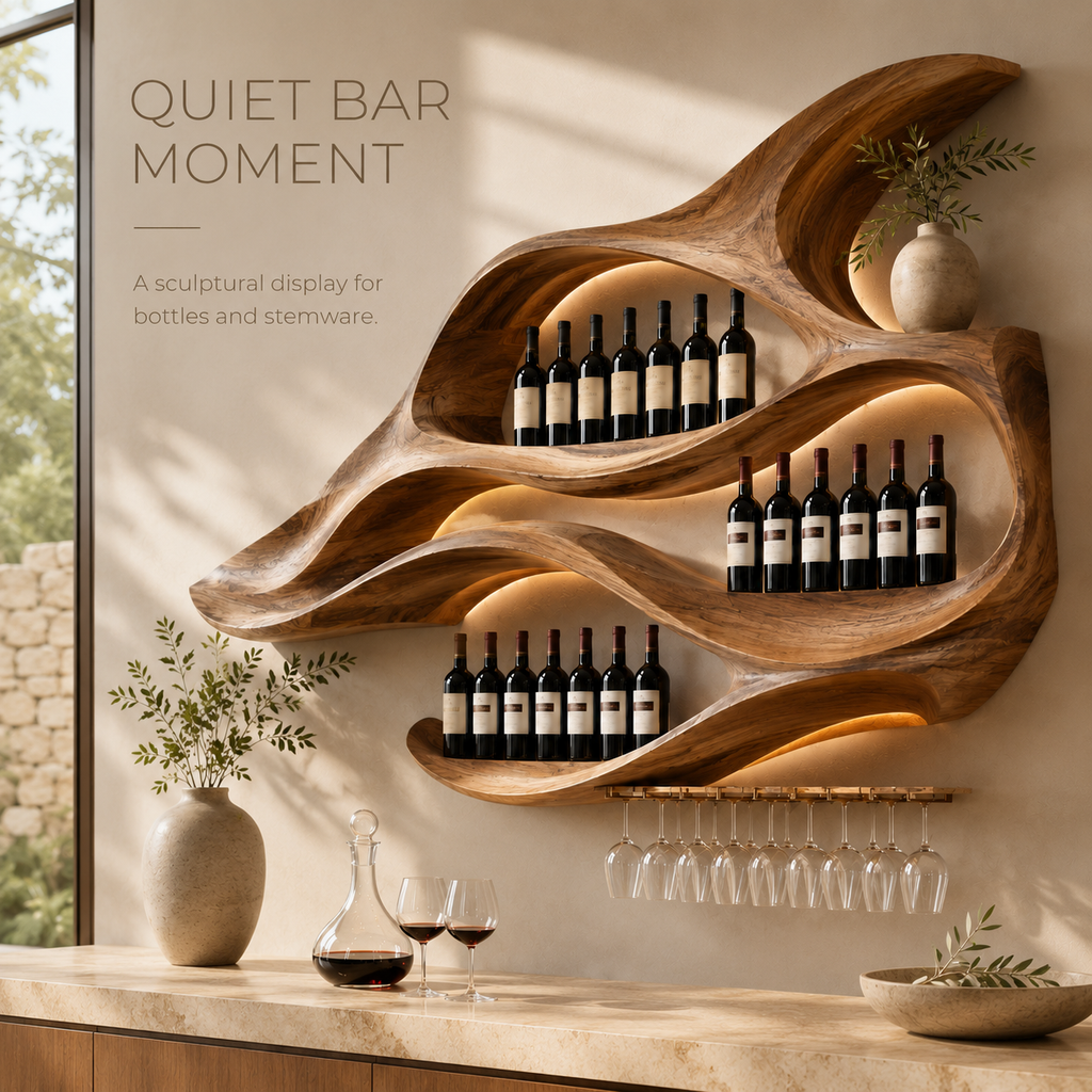 Solid Wood Wall Wine Rack with Glass Holder - Root Form - product image 02