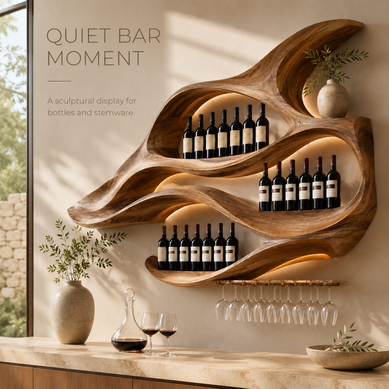 Solid Wood Wall Wine Rack with Glass Holder - Root Form - product image 02