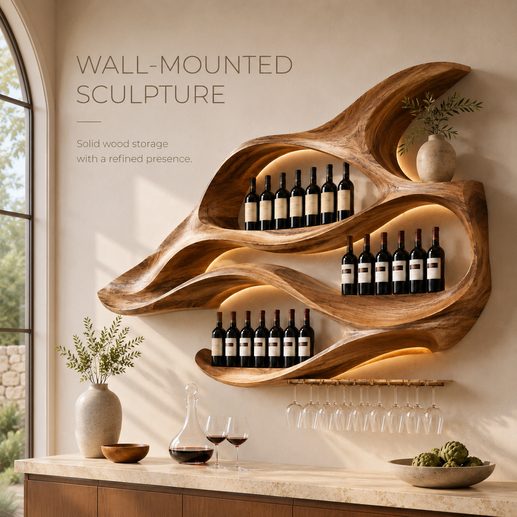 Solid Wood Wall Wine Rack with Glass Holder - Root Form - product image 03