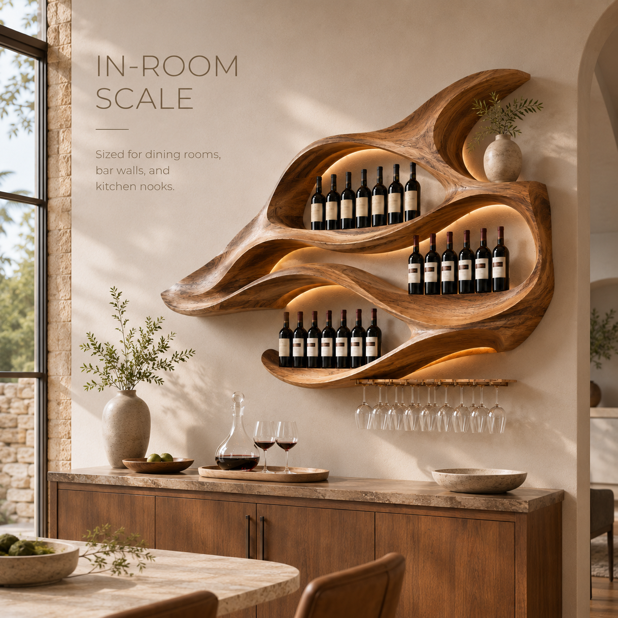 Solid Wood Wall Wine Rack with Glass Holder - Root Form - product image 05