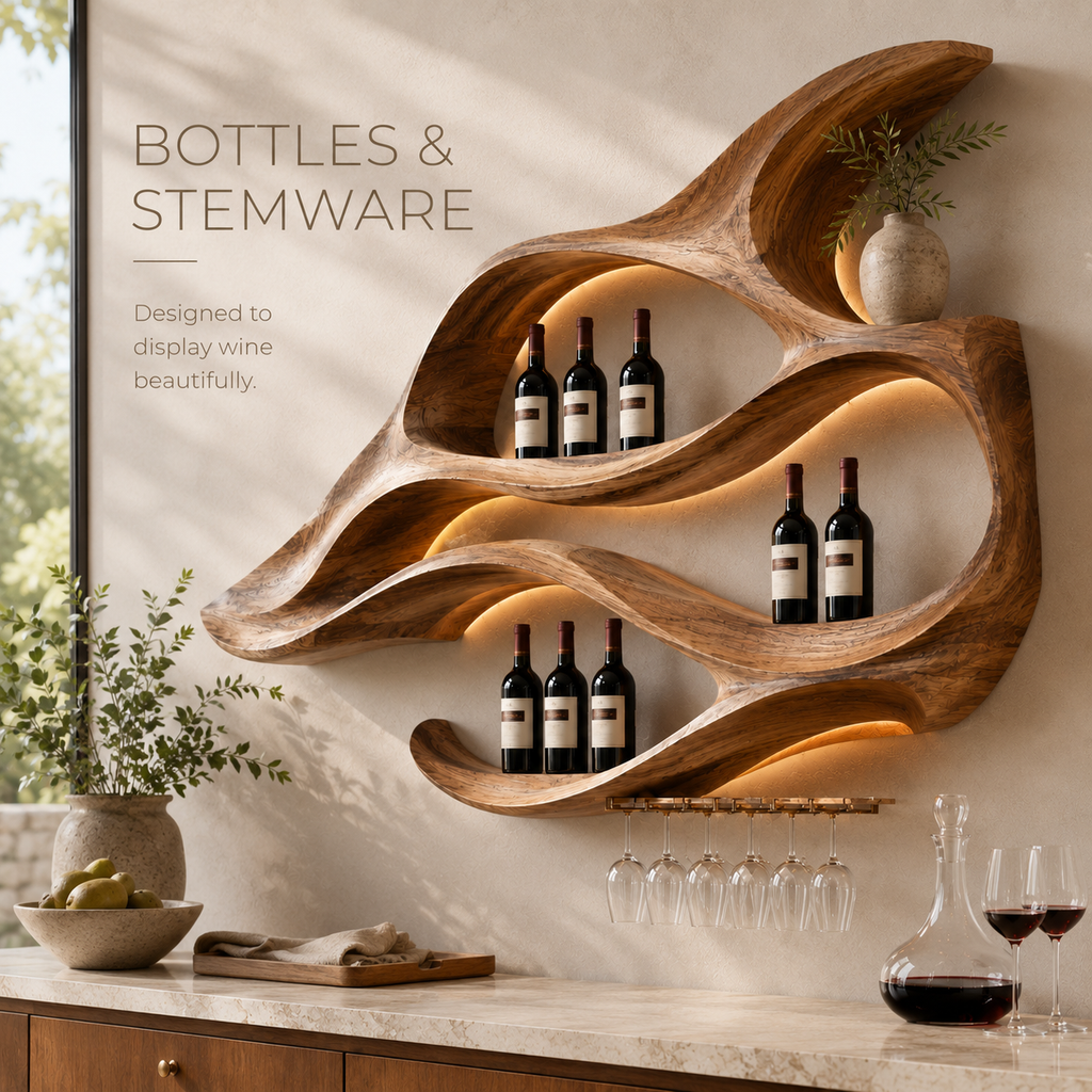 Solid Wood Wall Wine Rack with Glass Holder - Root Form - product image 08
