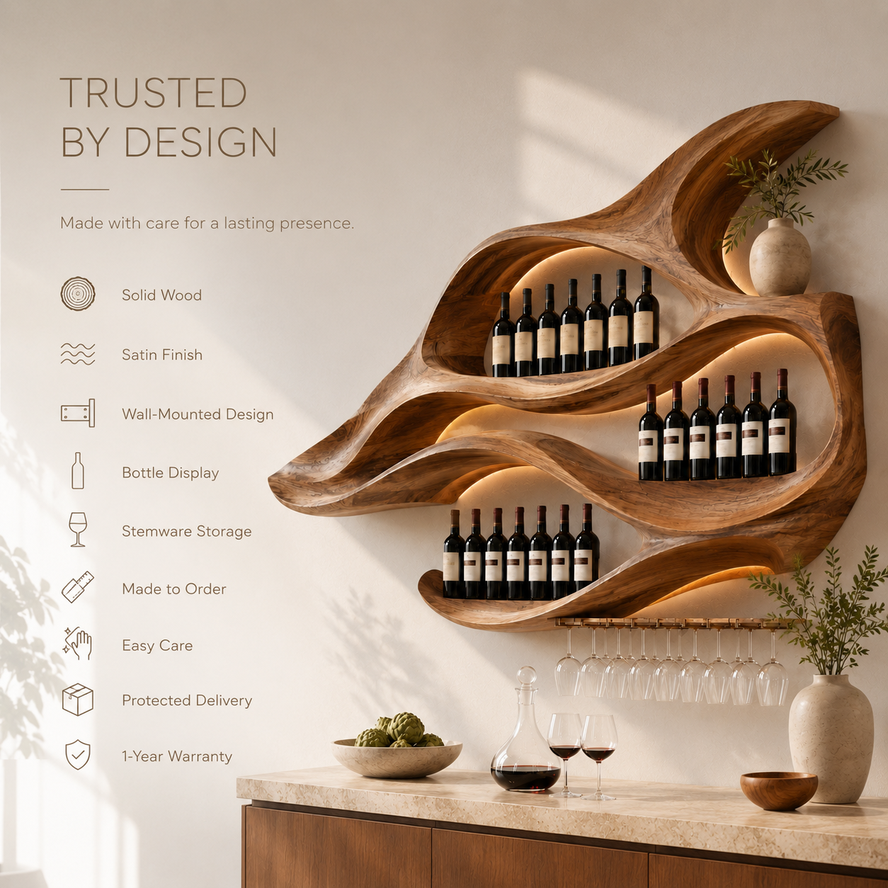 Solid Wood Wall Wine Rack with Glass Holder - Root Form - product image 10