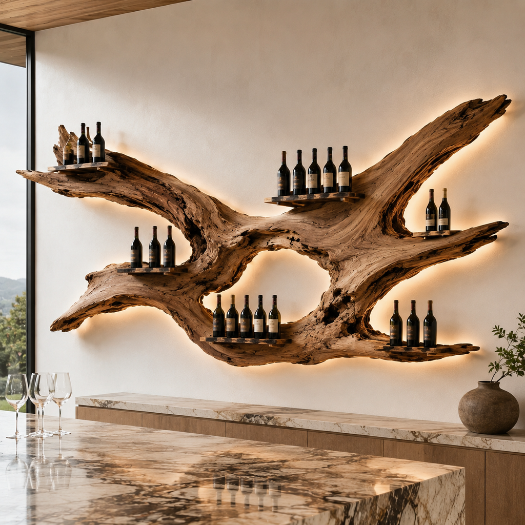 Solid Wood Wall Wine Rack with Glass Holder - Architectural Slab - main view