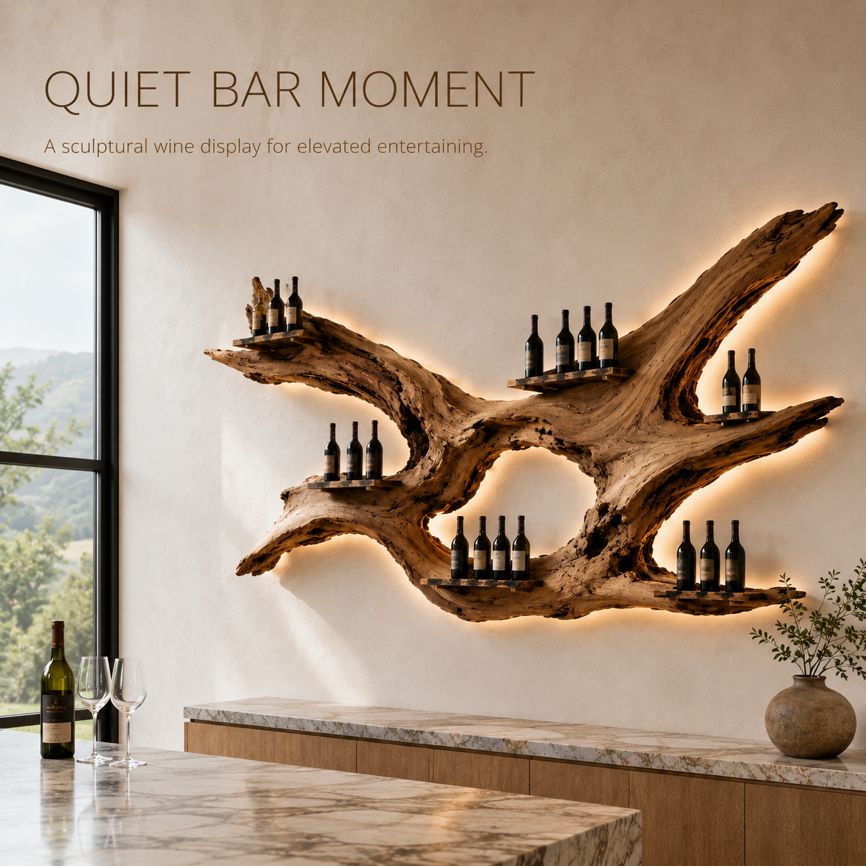 Solid Wood Wall Wine Rack with Glass Holder - Architectural Slab - product image 02