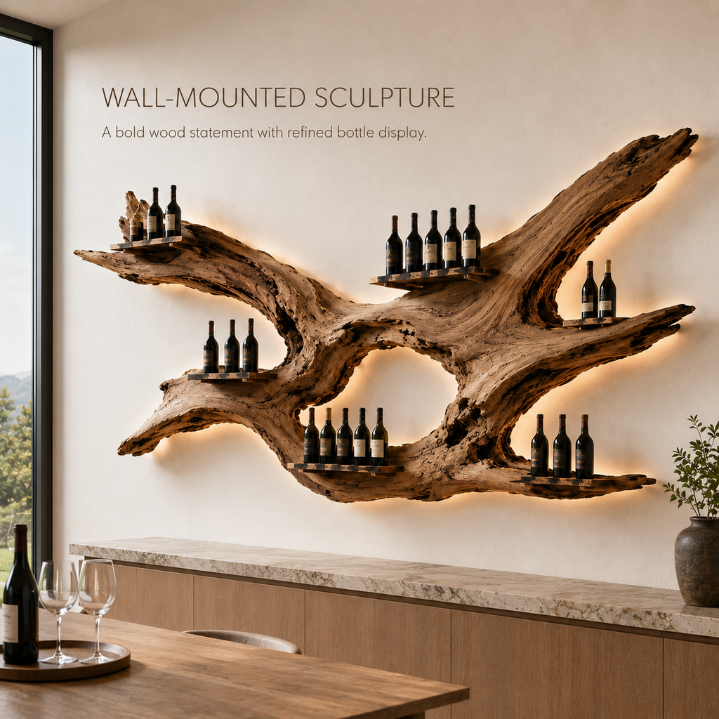 Solid Wood Wall Wine Rack with Glass Holder - Architectural Slab - product image 03