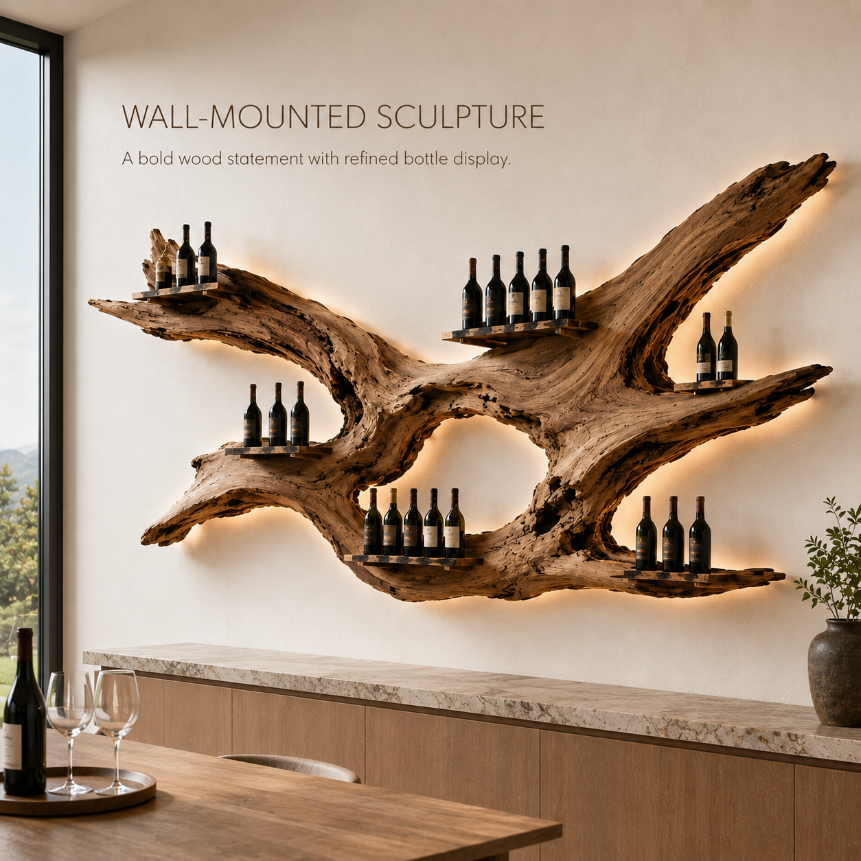 Solid Wood Wall Wine Rack with Glass Holder - Architectural Slab - product image 03
