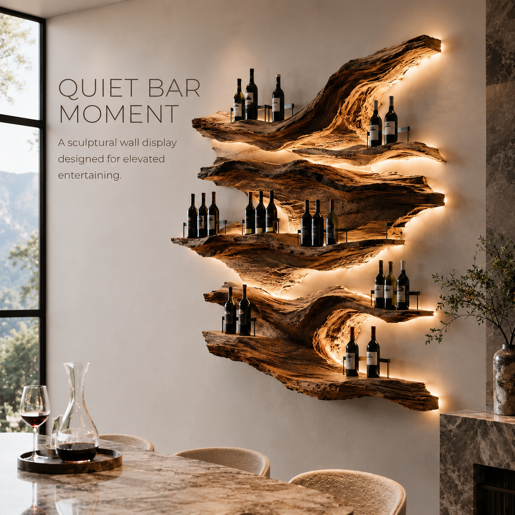 Solid Wood Wall Wine Rack with Glass Holder - Driftwood Curve - product image 02