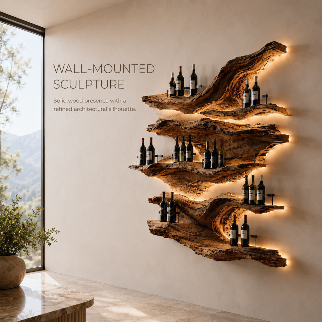 Solid Wood Wall Wine Rack with Glass Holder - Driftwood Curve - product image 03
