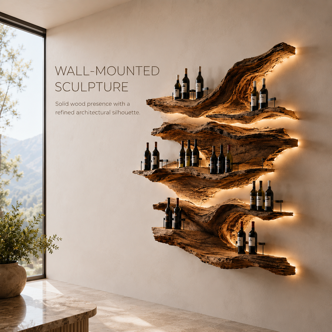 Solid Wood Wall Wine Rack with Glass Holder - Driftwood Curve - product image 03