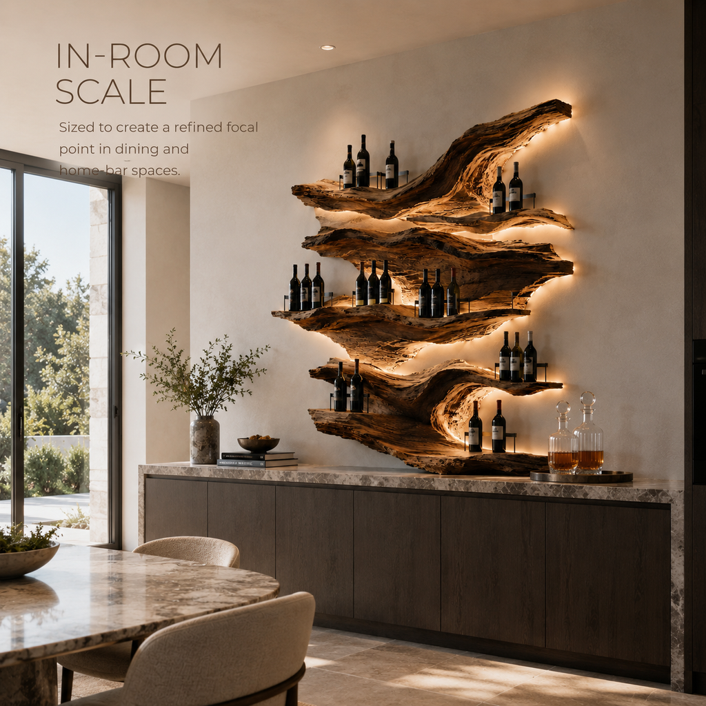 Solid Wood Wall Wine Rack with Glass Holder - Driftwood Curve - product image 04