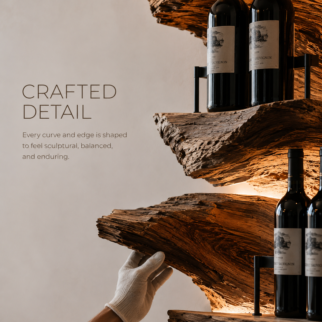 Solid Wood Wall Wine Rack with Glass Holder - Driftwood Curve - product image 06