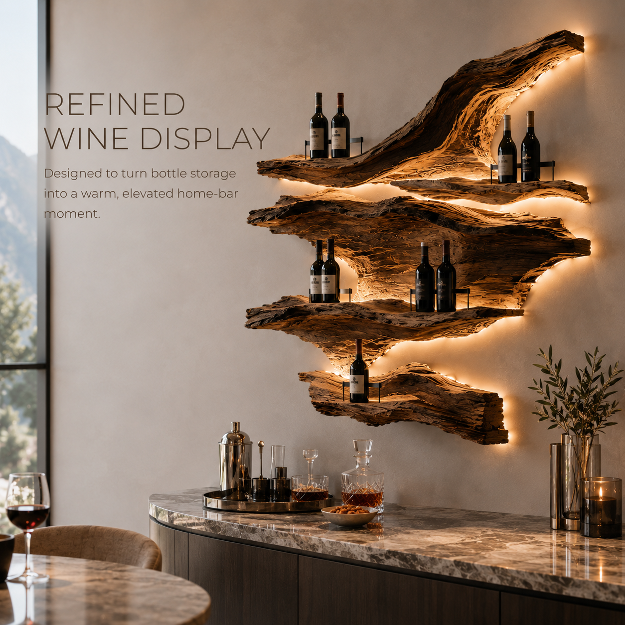 Solid Wood Wall Wine Rack with Glass Holder - Driftwood Curve - product image 07
