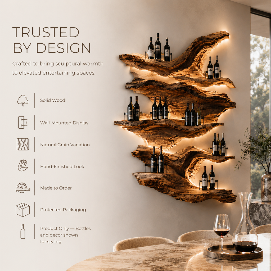 Solid Wood Wall Wine Rack with Glass Holder - Driftwood Curve - product image 09