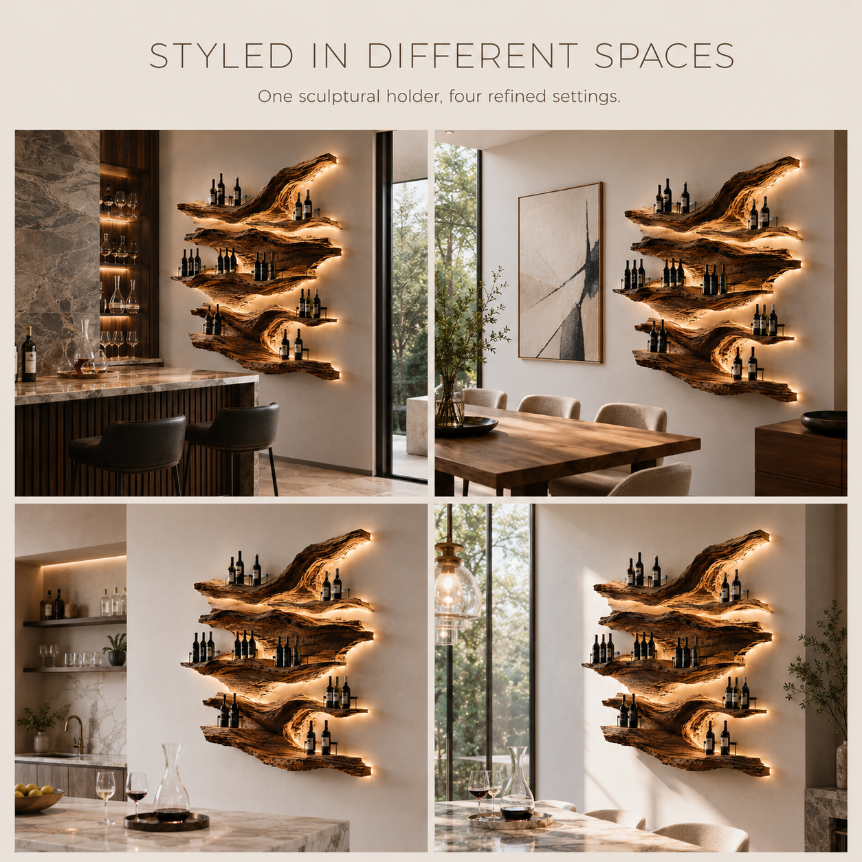 Solid Wood Wall Wine Rack with Glass Holder - Driftwood Curve - product image 11