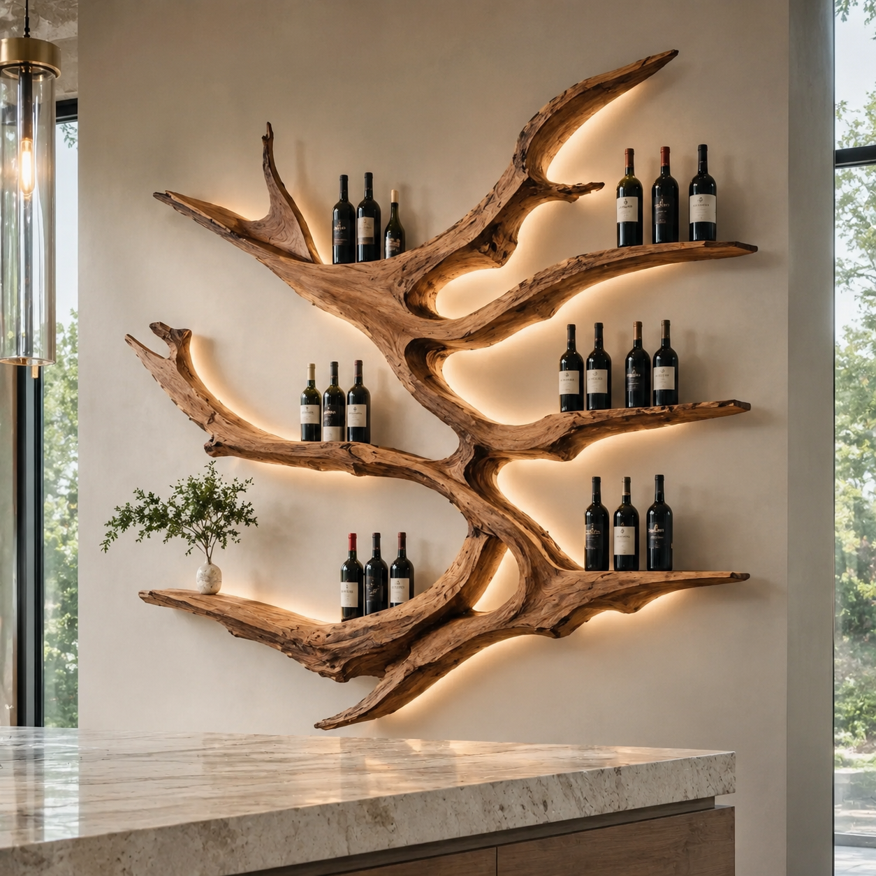 Solid Wood Wall Wine Rack with Glass Holder - Sculptural Flame - main view