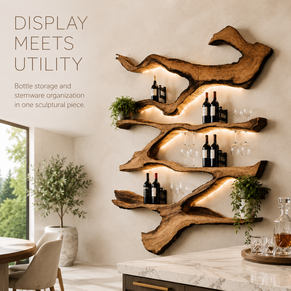 Solid Wood Wall Wine Rack with Glass Holder - Live Edge Gallery - product image 07
