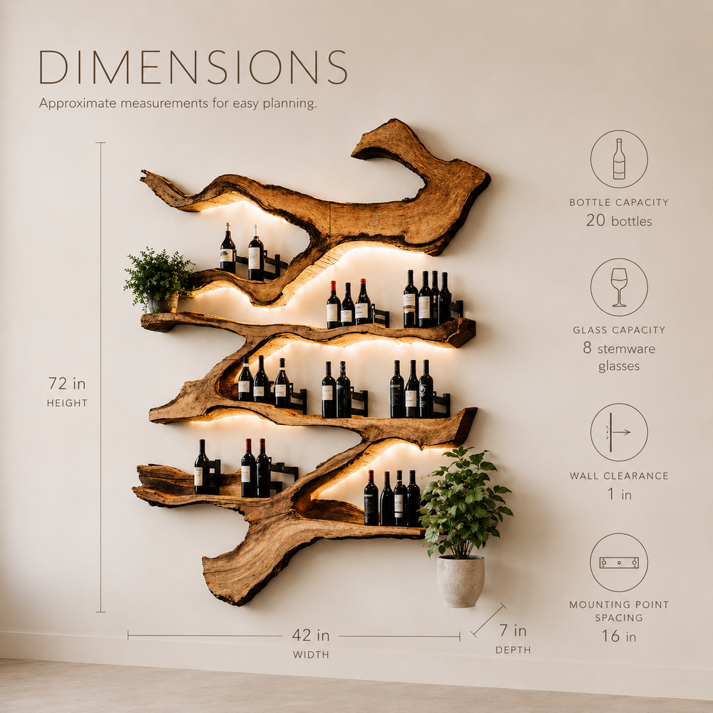 Solid Wood Wall Wine Rack with Glass Holder - Live Edge Gallery - product image 08