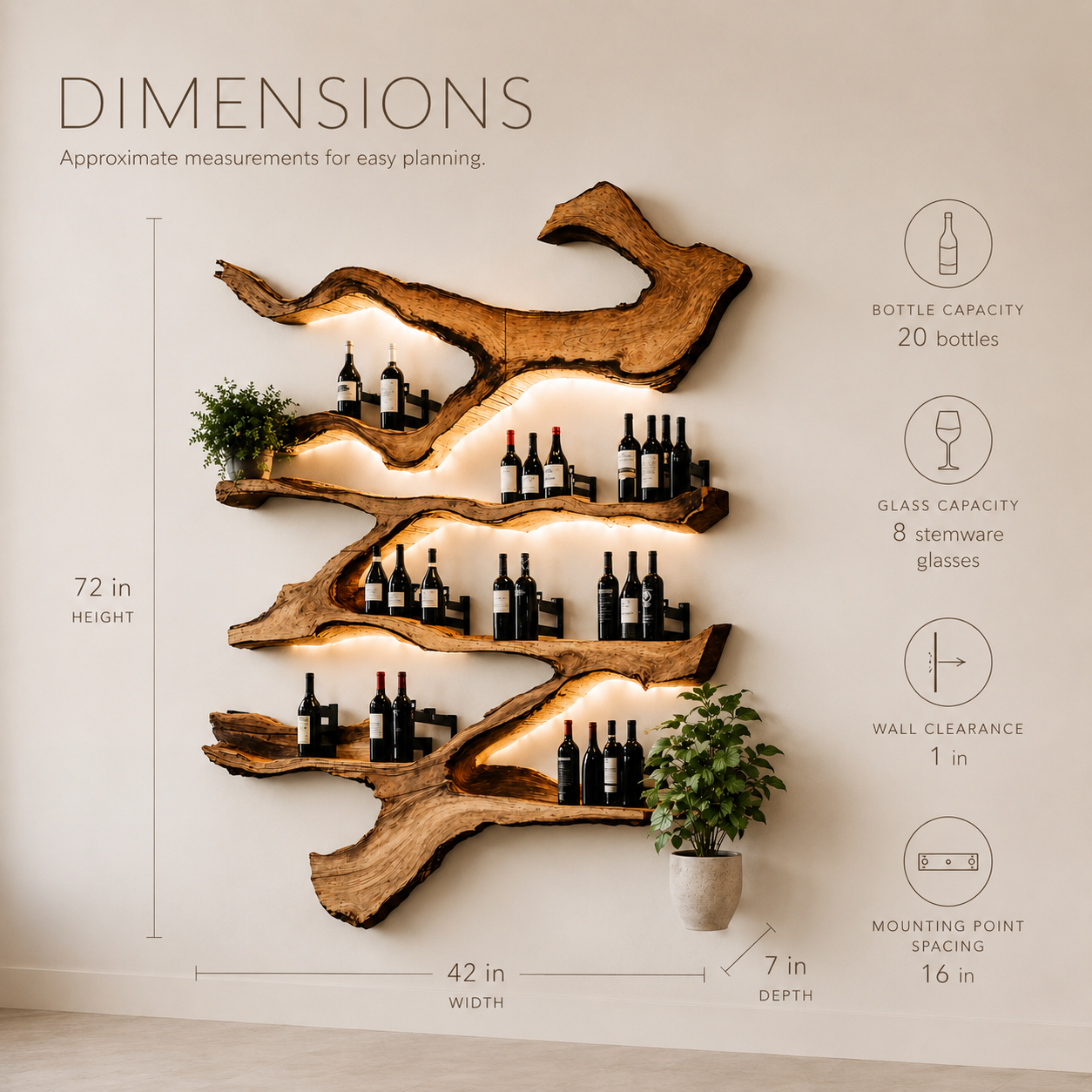 Solid Wood Wall Wine Rack with Glass Holder - Live Edge Gallery - product image 08