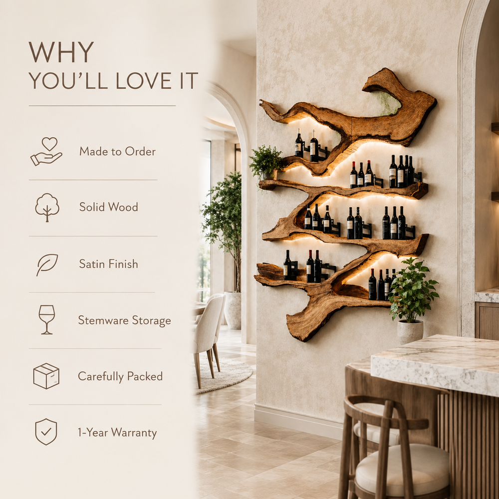 Solid Wood Wall Wine Rack with Glass Holder - Live Edge Gallery - product image 10