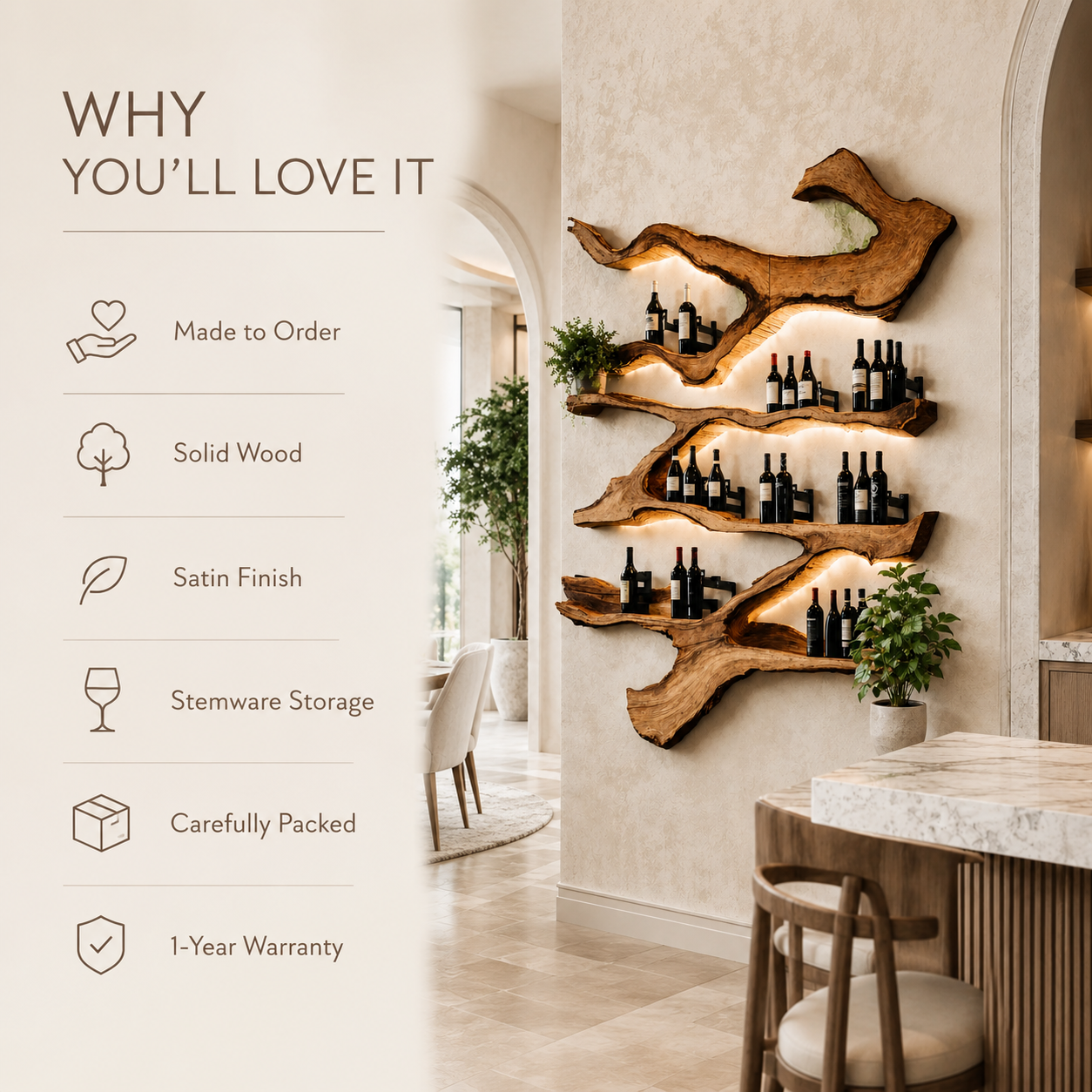 Solid Wood Wall Wine Rack with Glass Holder - Live Edge Gallery - product image 10