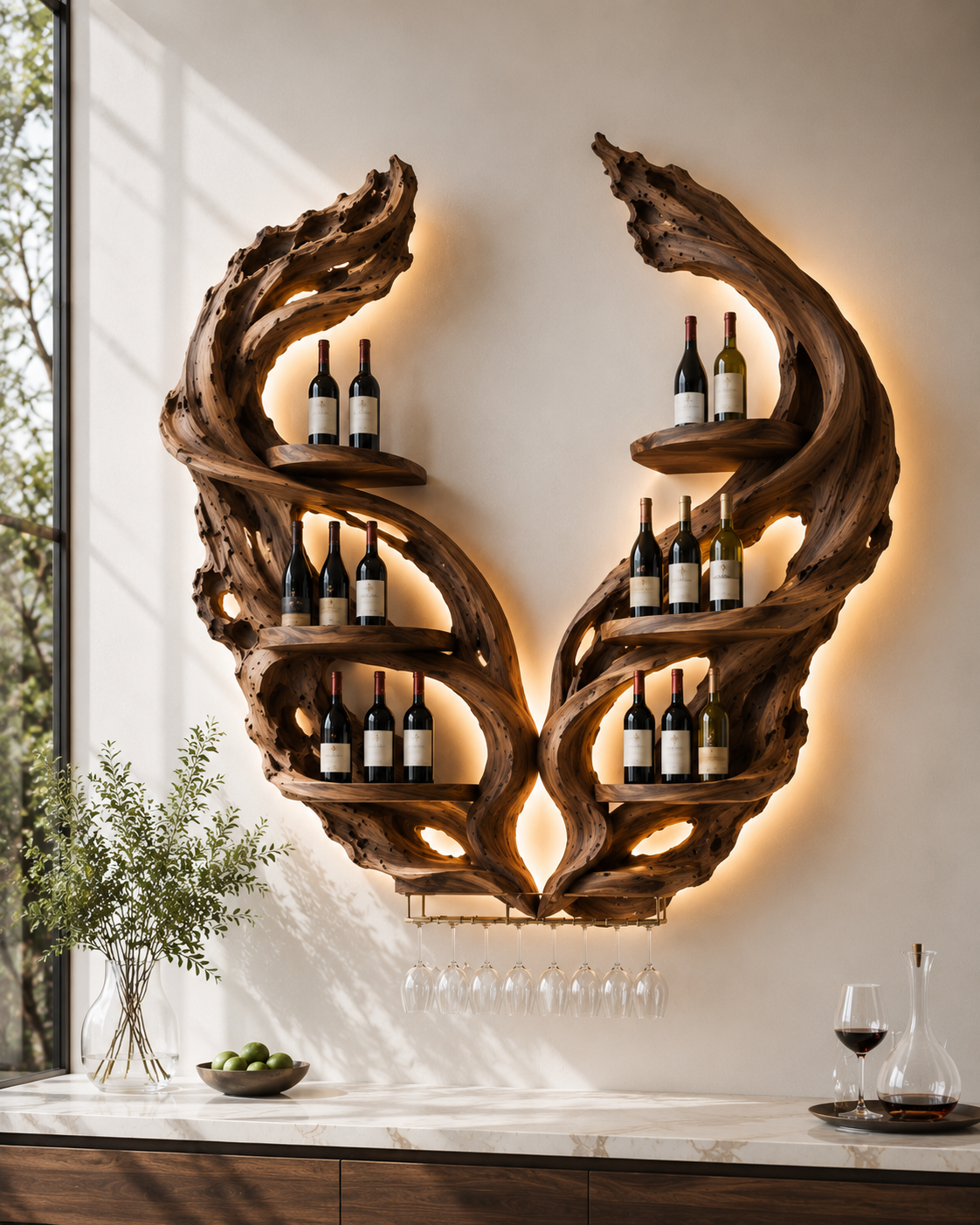 Solid Wood Wall Wine Rack with Glass Holder - Organic Branch - main view