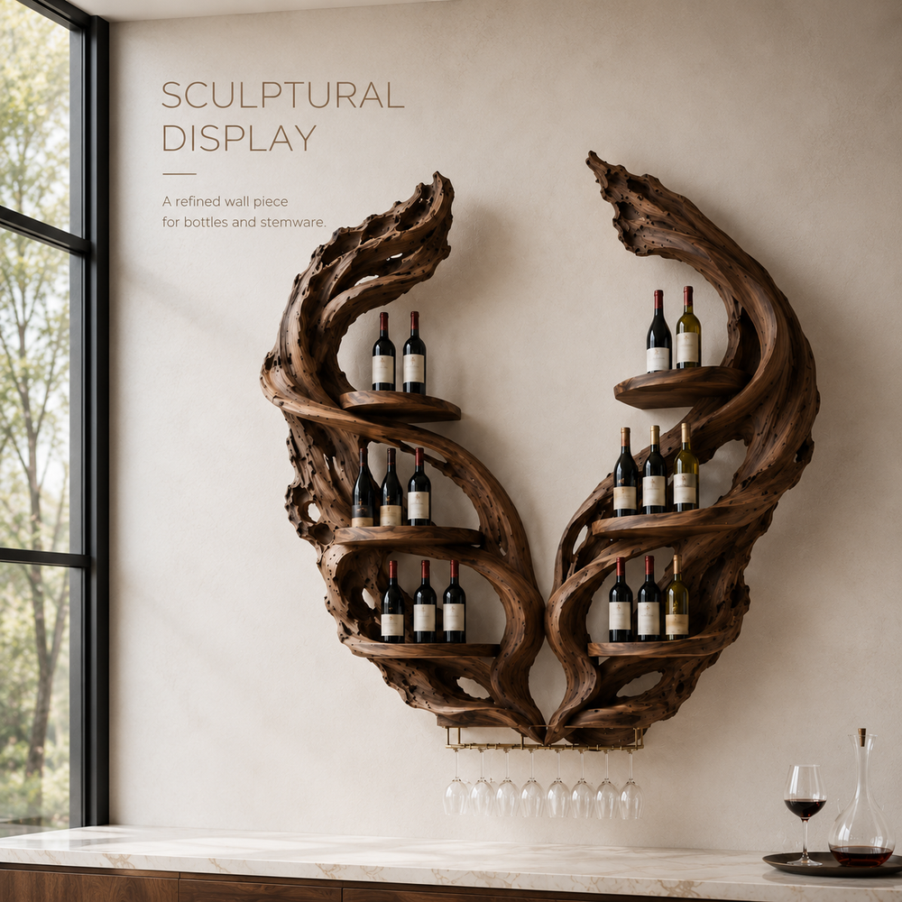 Solid Wood Wall Wine Rack with Glass Holder - Organic Branch - product image 02
