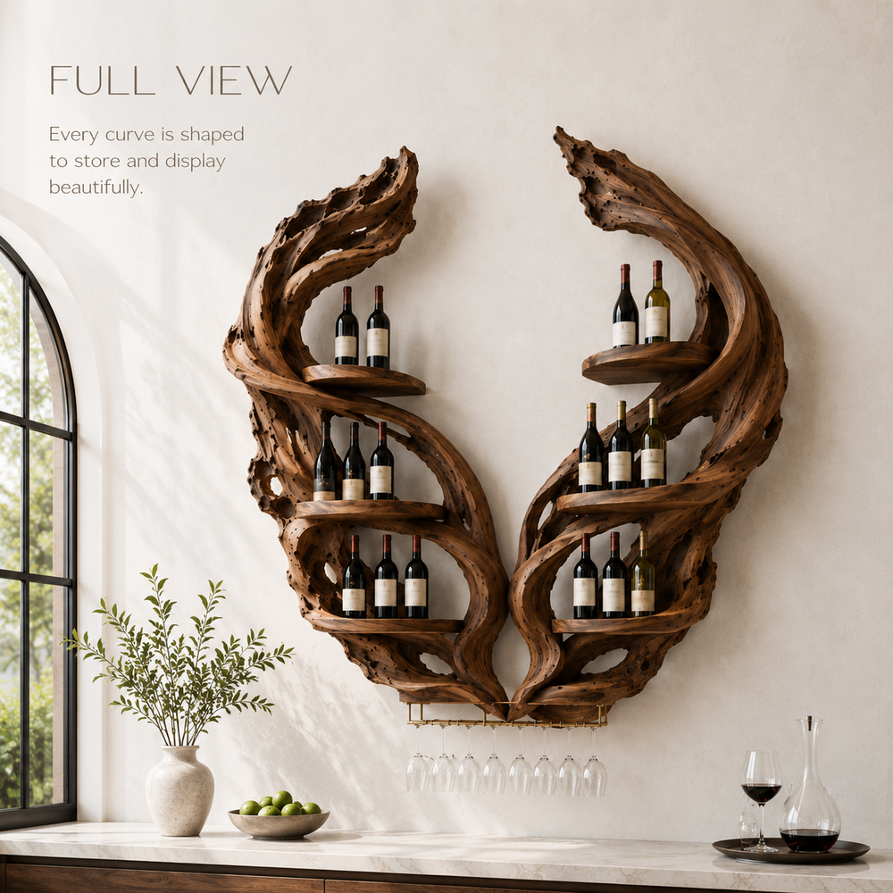 Solid Wood Wall Wine Rack with Glass Holder - Organic Branch - product image 03