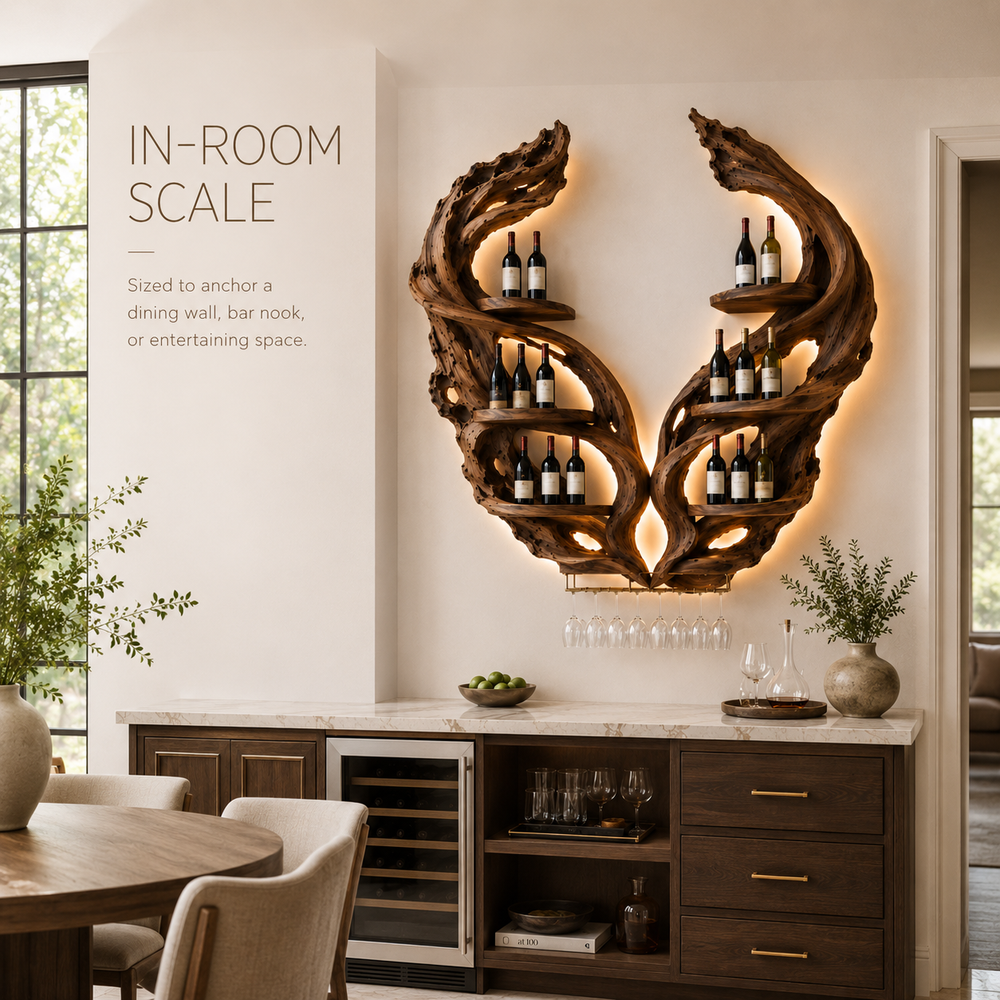 Solid Wood Wall Wine Rack with Glass Holder - Organic Branch - product image 04