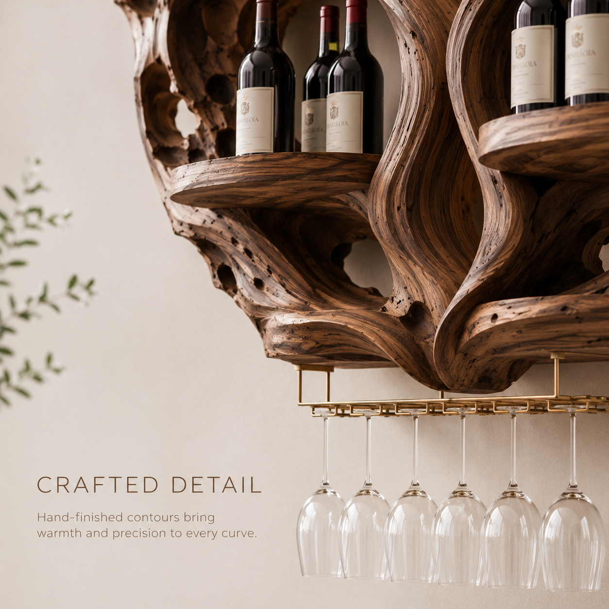 Solid Wood Wall Wine Rack with Glass Holder - Organic Branch - product image 06