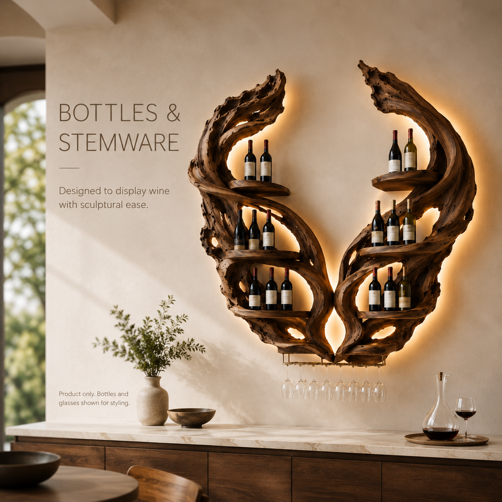 Solid Wood Wall Wine Rack with Glass Holder - Organic Branch - product image 07