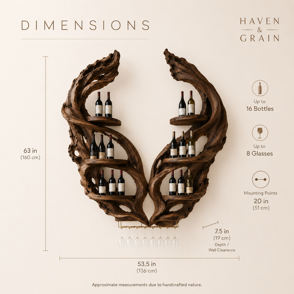 Solid Wood Wall Wine Rack with Glass Holder - Organic Branch - product image 09