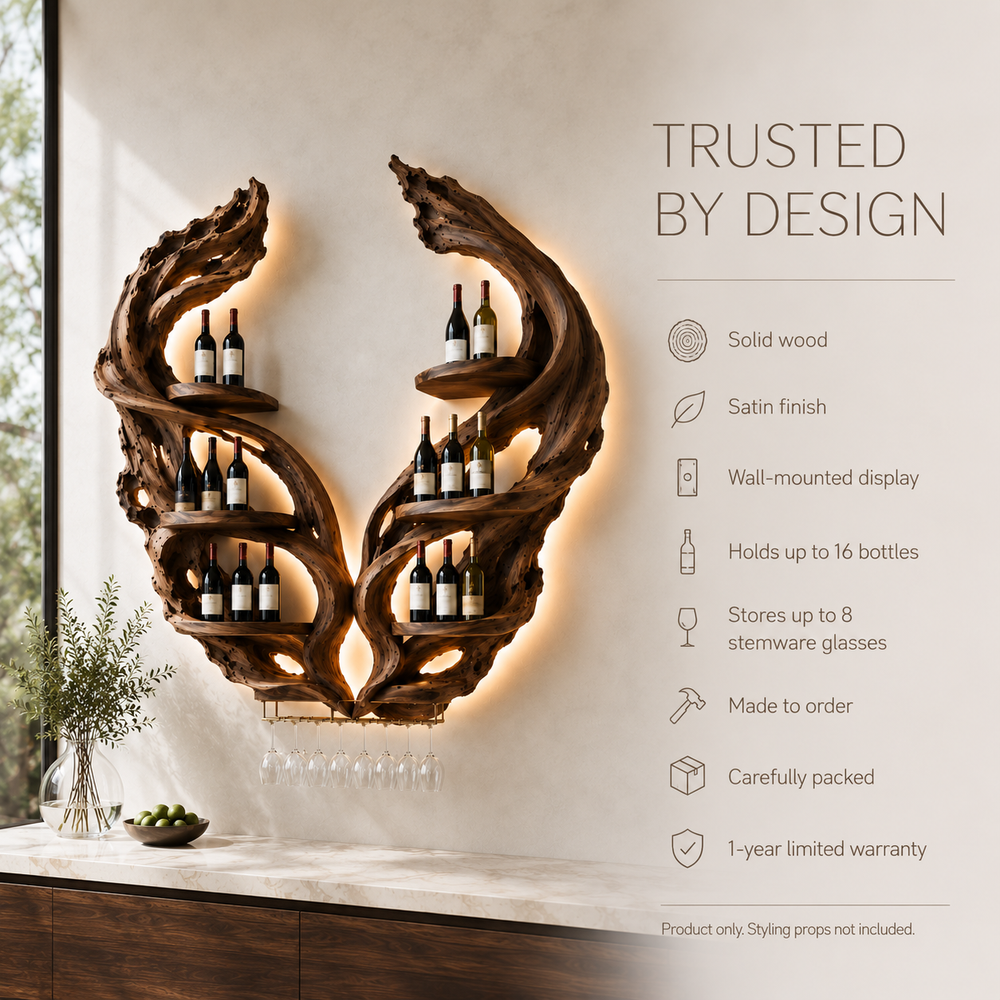 Solid Wood Wall Wine Rack with Glass Holder - Organic Branch - product image 10