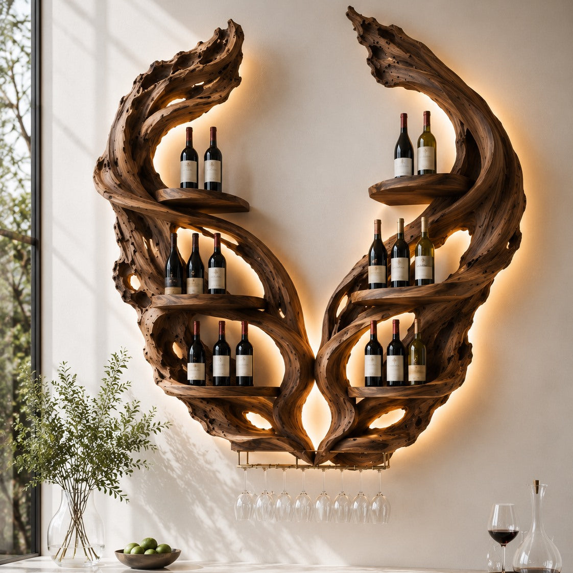 Solid Wood Wall Wine Rack with Glass Holder - Organic Branch - square cover image