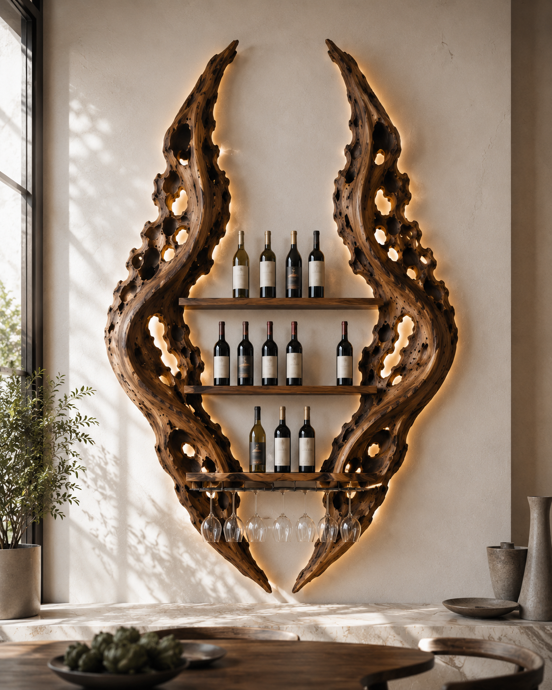Solid Wood Wall Wine Rack with Glass Holder - Crescent Wall - main view