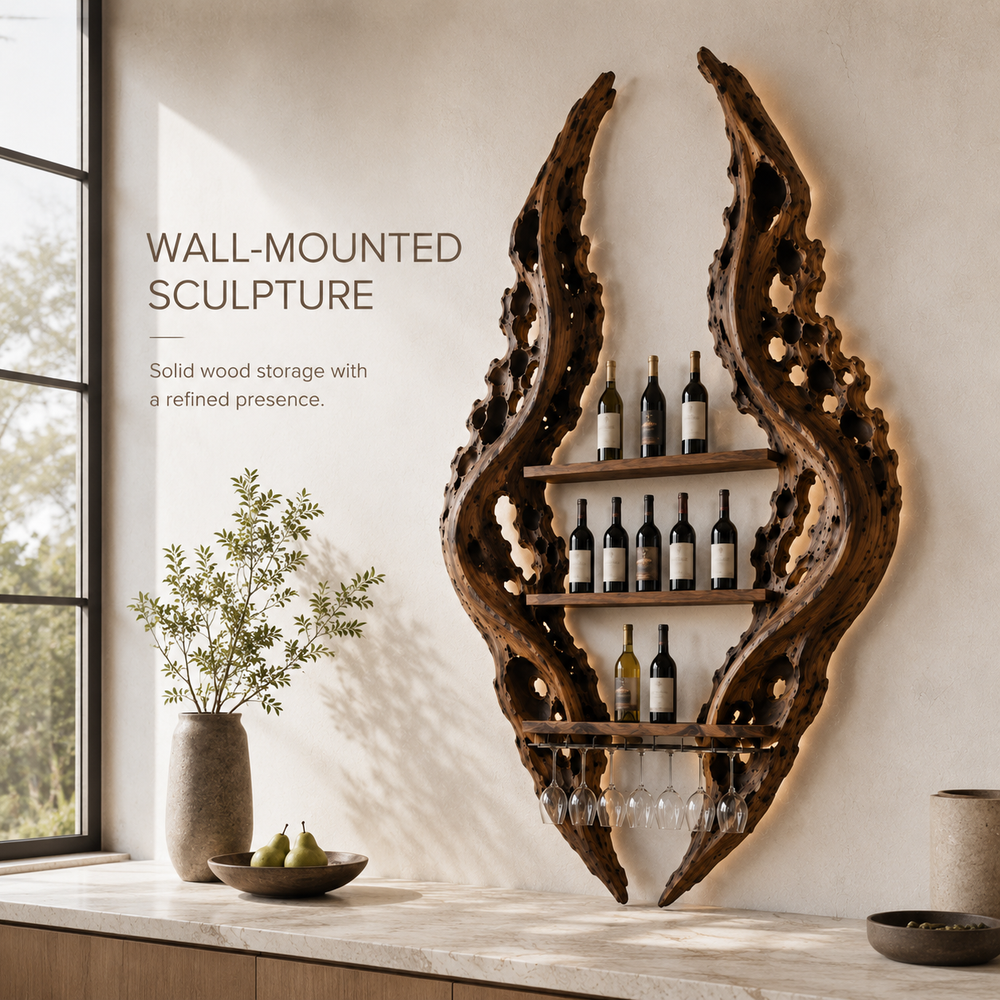 Solid Wood Wall Wine Rack with Glass Holder - Crescent Wall - product image 03