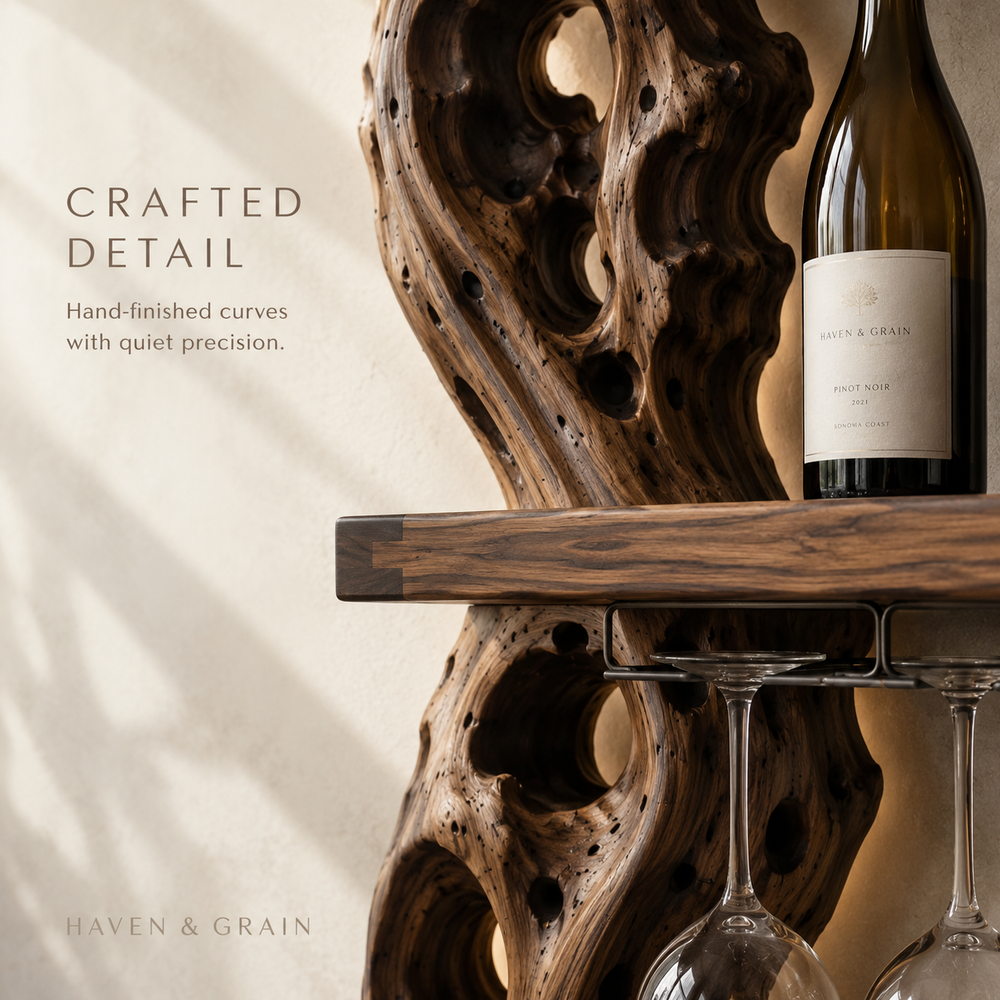 Solid Wood Wall Wine Rack with Glass Holder - Crescent Wall - product image 06