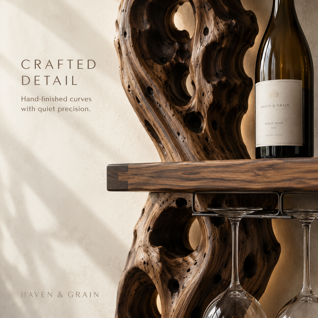Solid Wood Wall Wine Rack with Glass Holder - Crescent Wall - product image 06