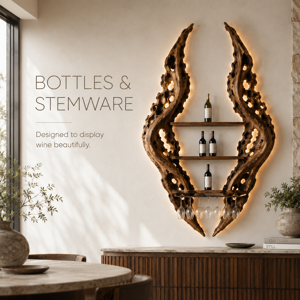Solid Wood Wall Wine Rack with Glass Holder - Crescent Wall - product image 07