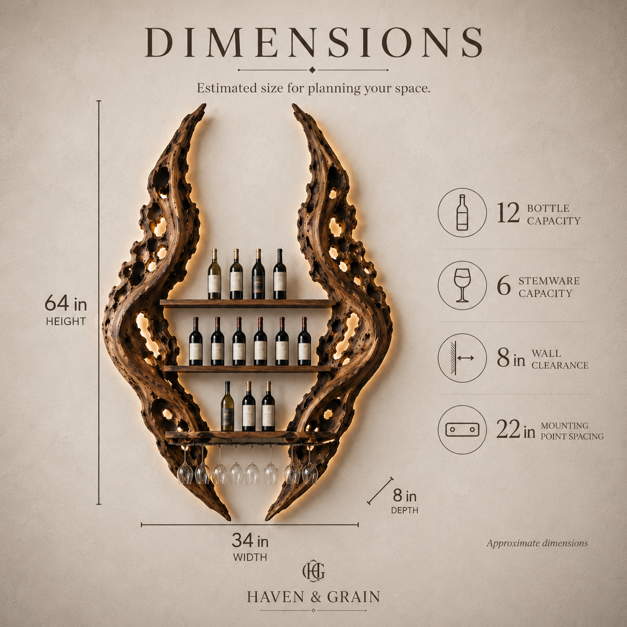 Solid Wood Wall Wine Rack with Glass Holder - Crescent Wall - product image 08