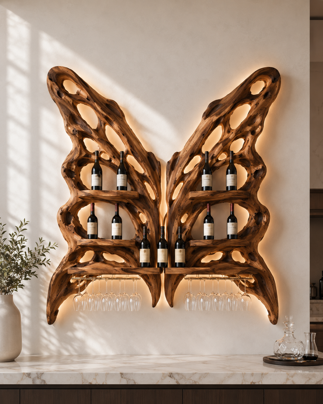 Solid Wood Wall Wine Rack with Glass Holder - Floating Rail - main view