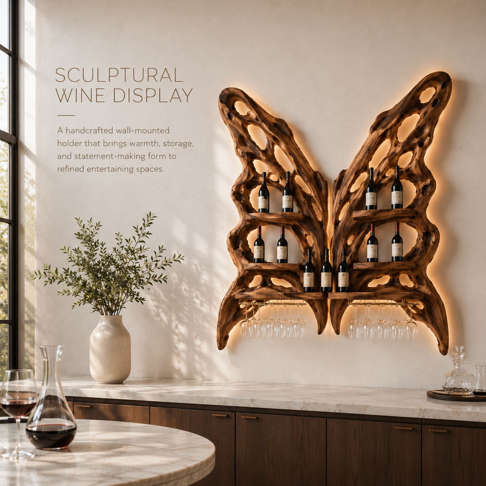 Solid Wood Wall Wine Rack with Glass Holder - Floating Rail - product image 02