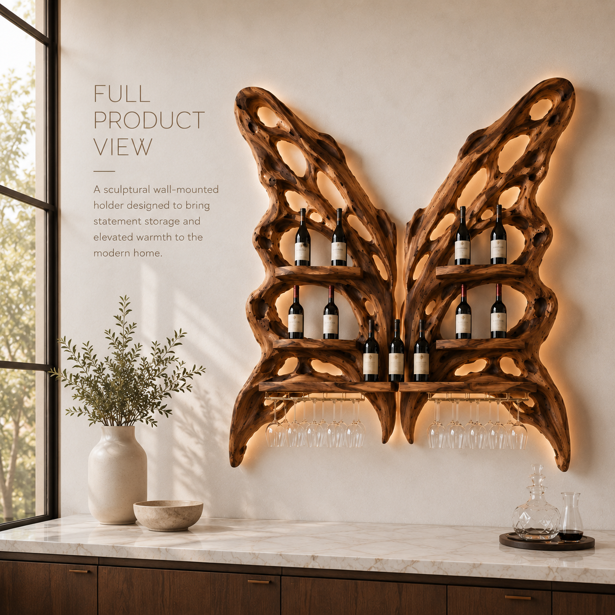 Solid Wood Wall Wine Rack with Glass Holder - Floating Rail - product image 03