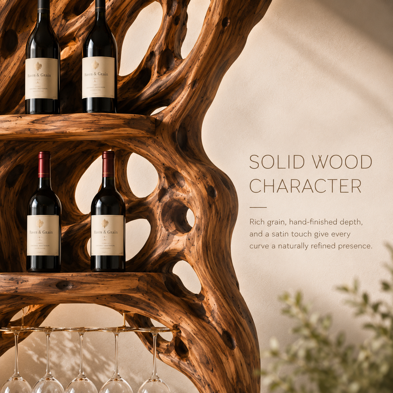 Solid Wood Wall Wine Rack with Glass Holder - Floating Rail - product image 05