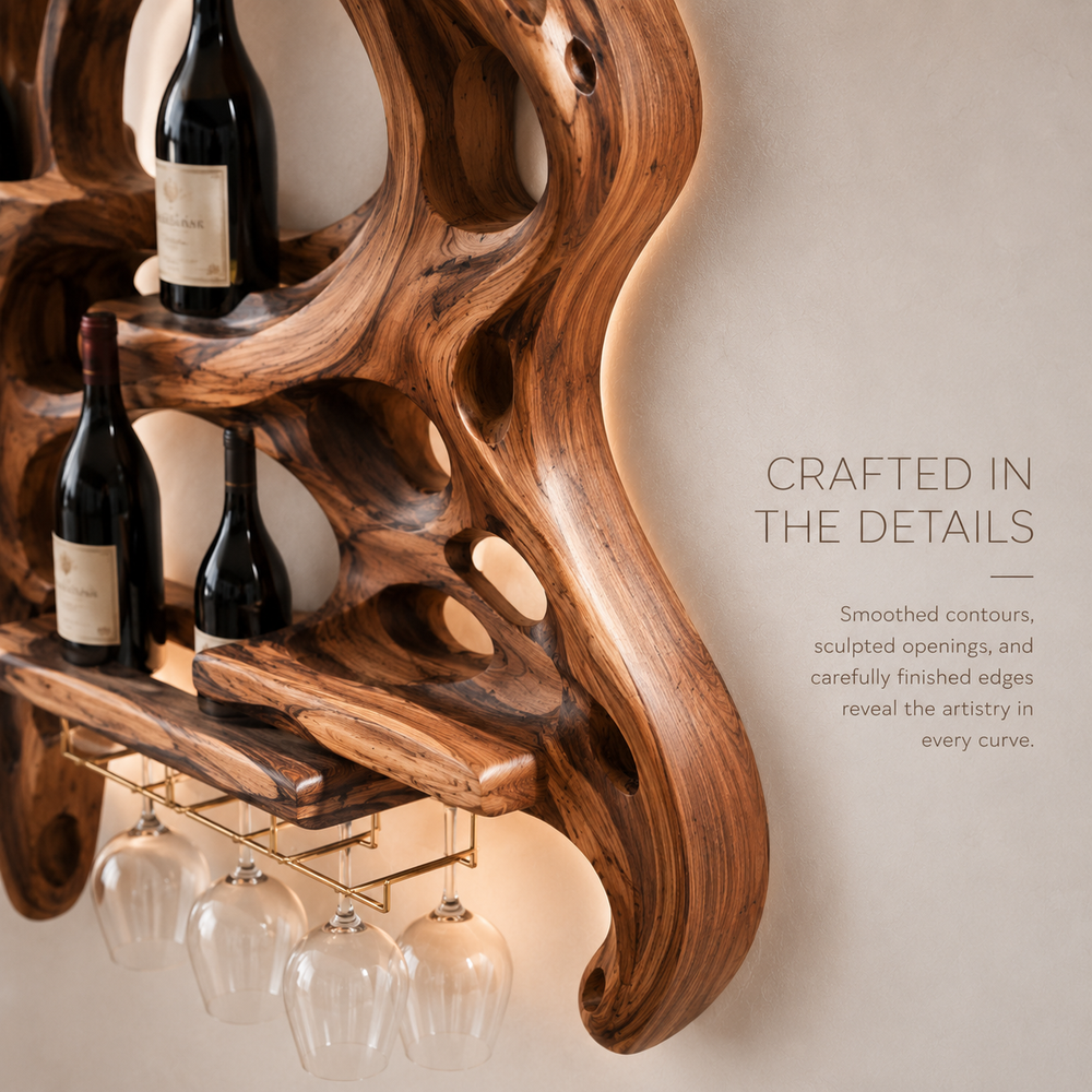 Solid Wood Wall Wine Rack with Glass Holder - Floating Rail - product image 06