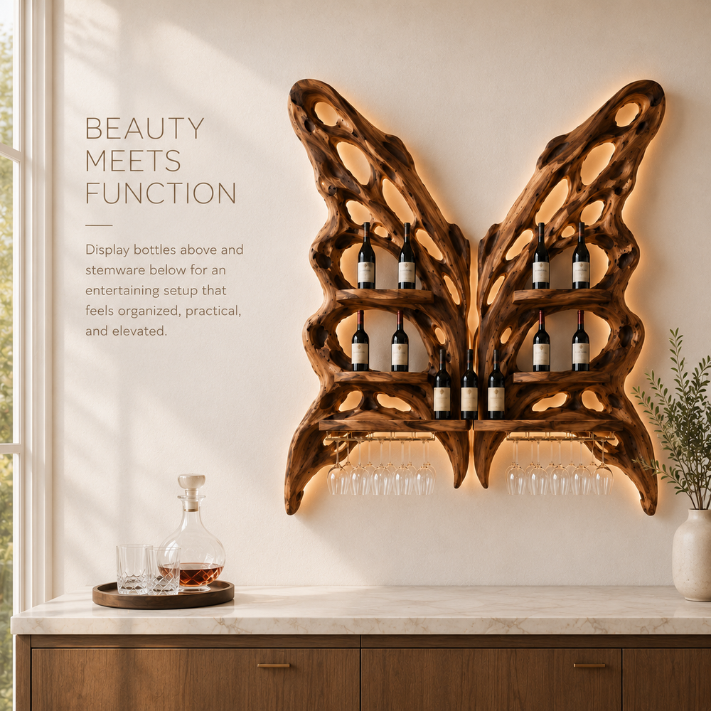 Solid Wood Wall Wine Rack with Glass Holder - Floating Rail - product image 07